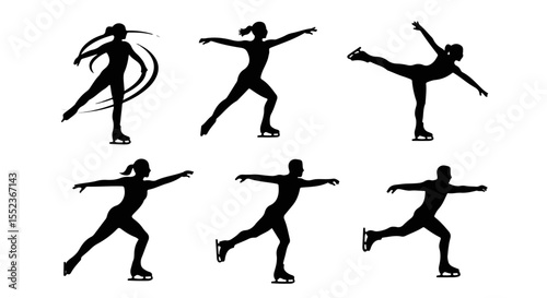 Elegant silhouettes show figure skating poses for graceful movements on ice, presenting a timeless athletic dance.