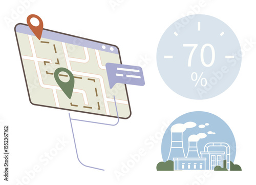 Digital map with location markers, chat symbols, percentage indicator, and factory illustration emitting clouds. Ideal for navigation, industry, sustainability, energy, planning logistics eco