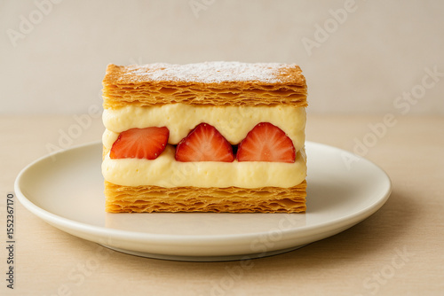 Layered mille-feuille pastry with custard and strawberries on white plate