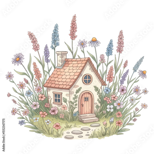 Charming Fairy Tale Cottage in a Wildflower Meadow - Watercolor Art