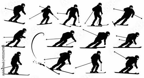 Winter sport ski athlete silhouettes showcase dynamic skiing motion on a snow covered mountain with ski poles and black skiwear.