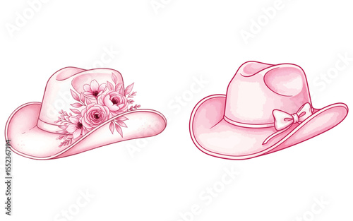 Vector illustration of, Pink Cowgirl Hats Set - Floral and Bow Designs