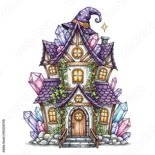 Magical Witch's House with Crystals - Fantasy Fairytale Illustration