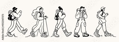 Set of people hiking. Happy men and women tourists walking outdoors and going on hike in forest or mountains. Characters with backpacks on trekking. Outline vector illustration isolated on background