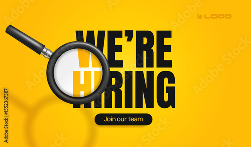 We are hiring banner. Recruiting and hiring new employees and candidates for vacancies. Human Resources, Career and Work. Background with magnifying glass and text. Cartoon flat vector illustration