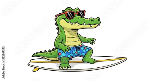 Cartoon crocodile surfer with surfboard, sunglasses and floral shorts, happy and ready for the beach. On white background.