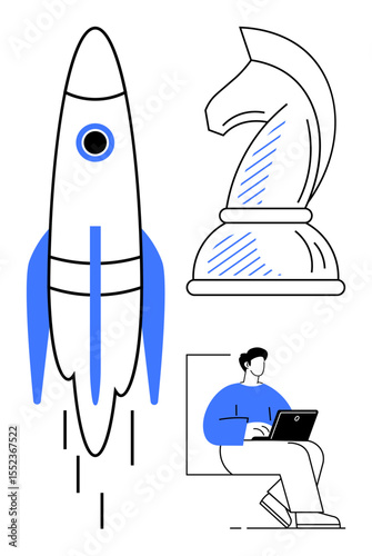 Rocket taking off, chess knight, and person with laptop signify innovation, strategy, and remote work. Ideal for startup growth, problem-solving, planning, technology innovation strategic thinking
