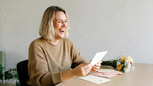 Woman joyfully reading letter at table with flowers