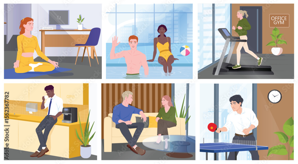 Obraz premium Recreational facilities in office. Happy employees relax during breaks, communicate with colleagues, drink coffee and do sports exercises. Flat vector illustration collection isolated on background