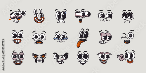 Retro cartoon faces. Vintage groovy stickers with emoji and different facial expressions. Icons showing positive and negative emotions. Flat vector illustration collection isolated on background