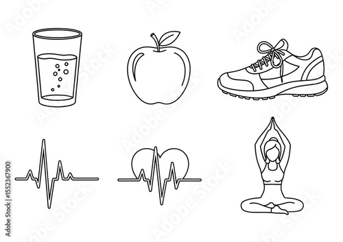 Line drawings showing a glass of water, apple, running shoe, heartbeats, and yoga pose icons