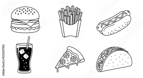 Outlined drawings of burger, fries, hotdog, soda, pizza, and taco arranged on a white setting
