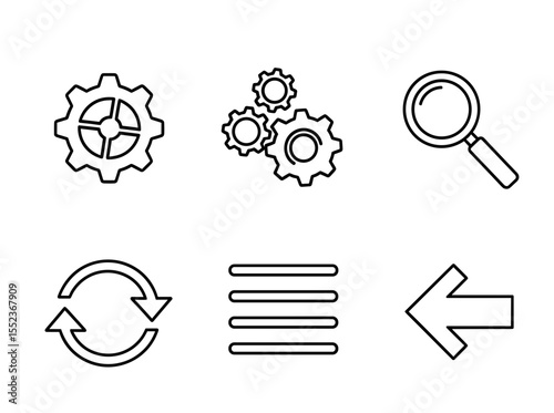 Line drawing of gears, magnifier, refresh arrows, menu bars, and left arrow icons in a grid arrangement
