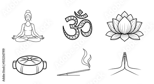 Collection of yoga themed line art featuring a meditating woman om symbol lotus and incense stick drawing