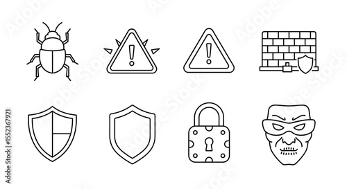 Collection of security icons including a bug, warning signs, shields, padlock and a robber illustration