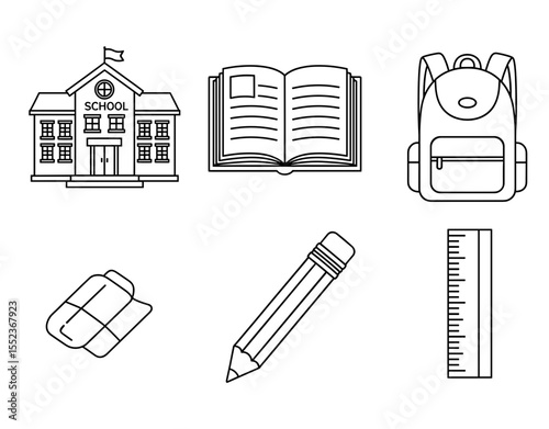 Outline drawing of school building, book, backpack, lunchbox, pencil, and ruler in a row arrangement