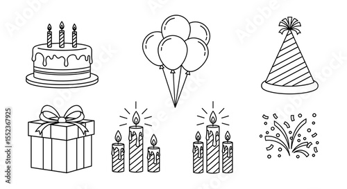 Celebration elements featuring cake, balloons, party hat, gift, candles, and confetti illustration art