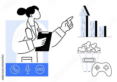 Female doctor holding clipboard, pointing at upward trend chart. Includes call icons, microphone, popcorn, game controller. Ideal for technology, healthcare, telemedicine gaming entertainment
