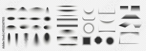 Set of geometric shadow effects. Square, round and rectangular overlays of dark shadows falling from objects on floor. Realistic vector illustration collection isolated on transparent background