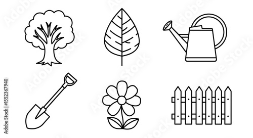 Outlined garden elements including a tree leaf watering can shovel flower and fence in a row arrangement