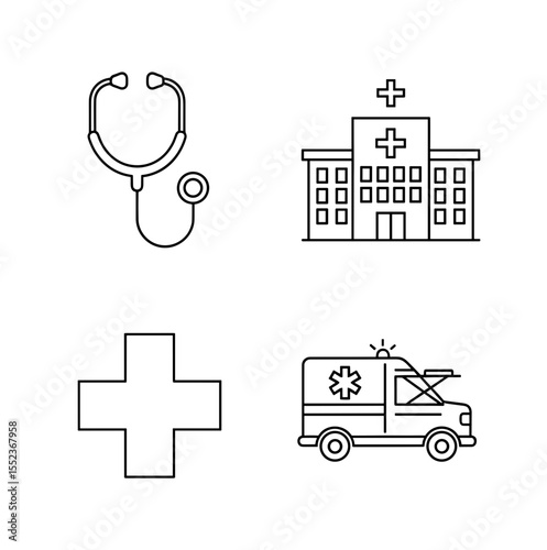 Illustration featuring stethoscope, hospital building, plus sign and ambulance icons in outline style