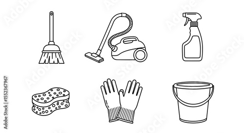 Assortment of cleaning tools including a broom a vacuum a spray bottle and a bucket in line art style
