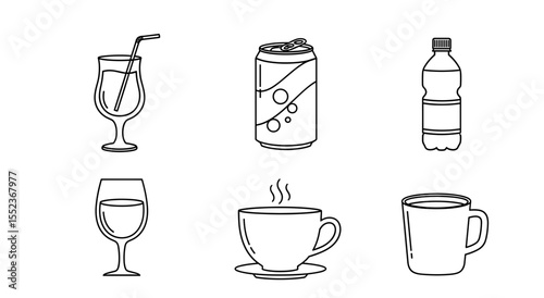 Line art illustration depicting a variety of drink containers including glasses and bottles and mugs too