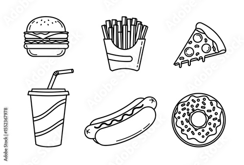 Outlined fast food icons including burger, fries, pizza, soda, hotdog, and donut arrangement