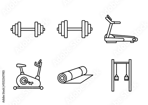 Outline illustration showcasing fitness equipment including dumbbells treadmill and exercise bike and more