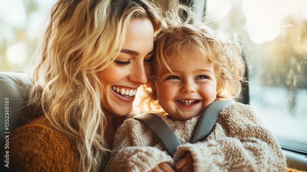 Obraz premium This heartwarming image captures a mother and her young child sharing a joyful and affectionate moment together, radiating love and connection in a serene setting.