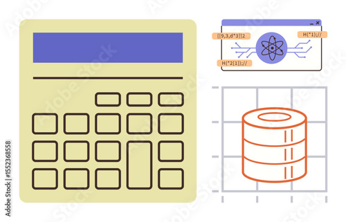 Calculator alongside atomic graphic and data grid with stacked charts. Ideal for education, science, finance, data analytics, technology concepts, research, simple flat metaphor