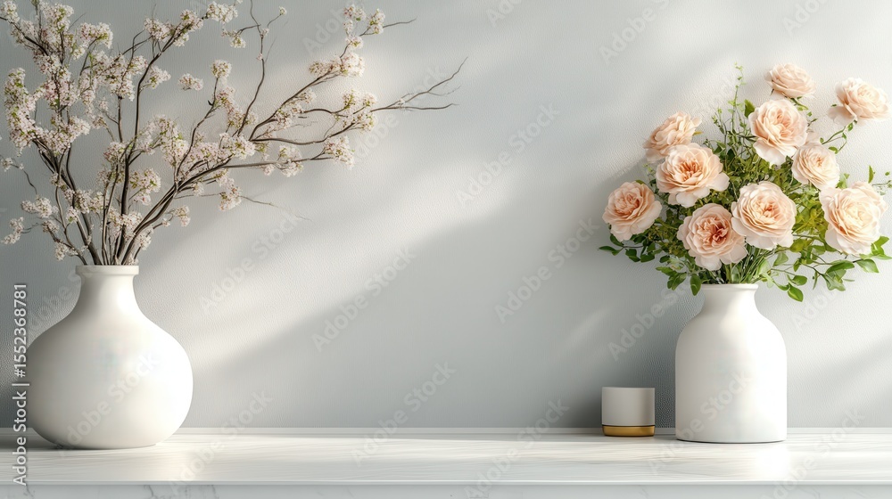 Fototapeta premium A peaceful scene with a beautiful arrangement of roses and branches in modern vases, creating a calming environment that emphasizes nature's beauty in simple home decor.