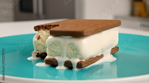 Ice cream sandwich melt rotating on plate. Refreshing dessert, summer snack. Good for product promotions, restaurants, food blogs, cooking tutorials, summer promotions.