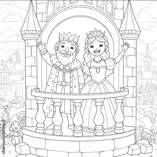A royal couple waves from a castle balcony to a cheering crowd below, dressed in elegant medieval attire with crowns and jewelry, framed by grand towers and a cloudy sky.