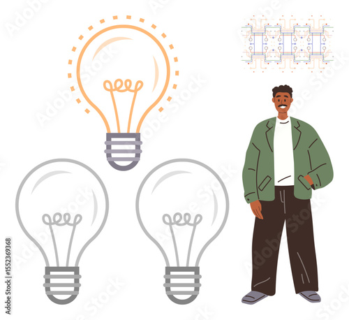 Man standing next to lit and unlit light bulbs, small circuit connections above. Ideal for innovation, inspiration, creativity, progress, originality, problem-solving technology. Simple flat