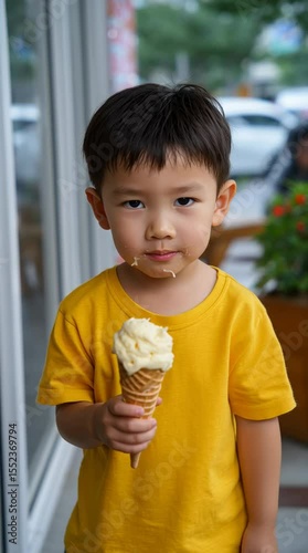An adorable asian boy eating an ice cream cone in summer