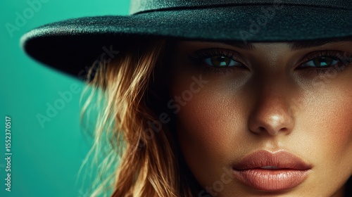 A captivating close-up portrait of a woman in a black hat reveals her stunning features and expressive gaze, embodying beauty, mystery, and confidence in an artistic style.