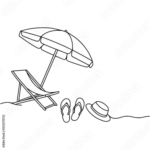 Beach Umbrella with Lounge Chair and Summer Essentials Line Art