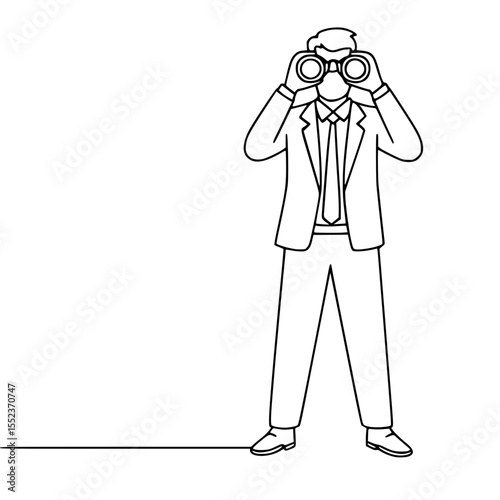 Line Art Businessman Looking Through Binoculars with Copy Space