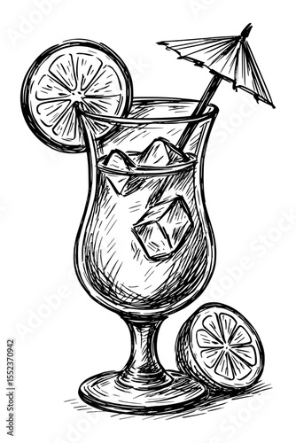 Hand Drawn Sketch of Tropical Cocktail with Lemon and Umbrella