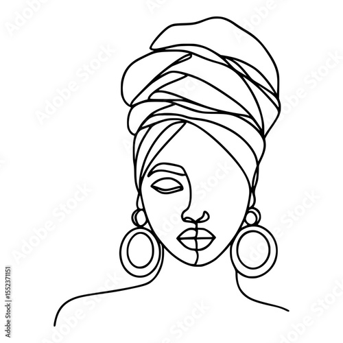 Minimalist Line Art Portrait of Elegant Black Woman in Turban