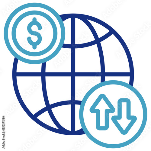 The global financial transaction or movement icon indicates international transfer features, currency rates, or trade data.