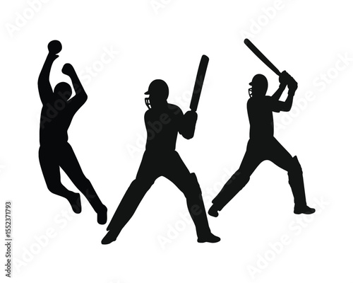 Dynamic silhouette artwork featuring cricket players in action, showcasing a bowler, batsman, and fielder for sports enthusiasts and design projects.