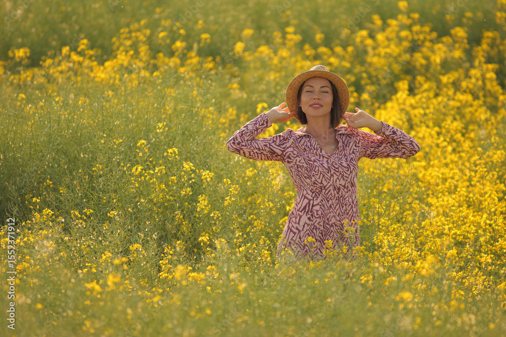 Fototapeta premium Woman in Flower Field Wearing Hat and Dress