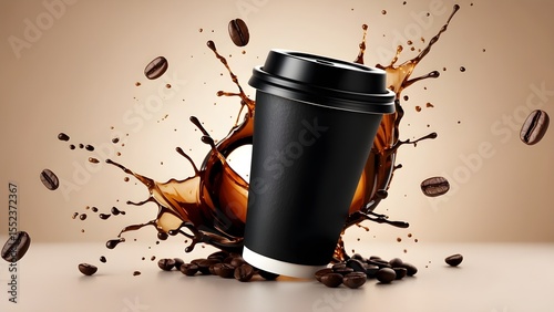 A black coffee cup with a splash of coffee and coffee beans on a brown background. Concept of warmth and comfort. 