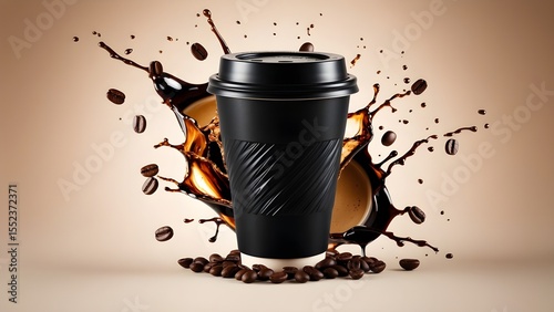 A black coffee cup with a splash of coffee and coffee beans on a brown background. Concept of warmth and comfort. 