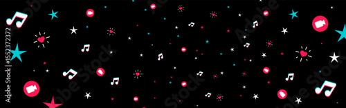 Colored modern web banner background in the style of the video social network. Multi-colored elements on a black background. Texture. Vector illustration with teenage concept. Flat colors.