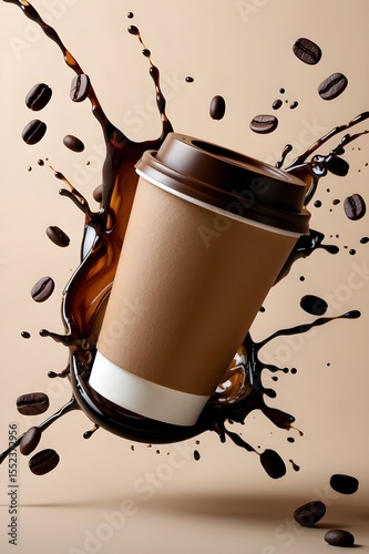 A coffee cup with a splash of coffee and coffee beans. On brown background. 
