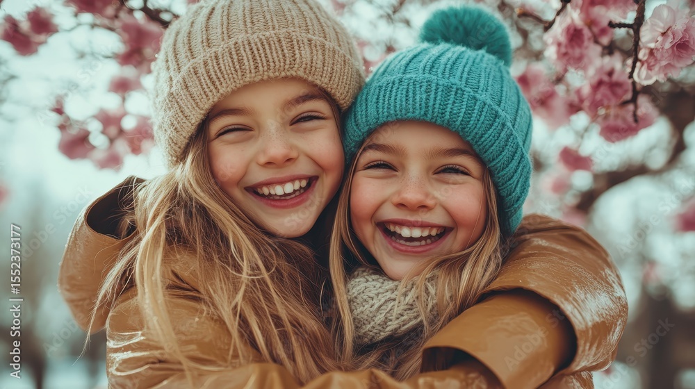 Obraz premium Two young girls embrace joyfully amid blossoming cherry trees, radiating happiness and friendship, capturing the essence of childhood and beautiful spring moments.