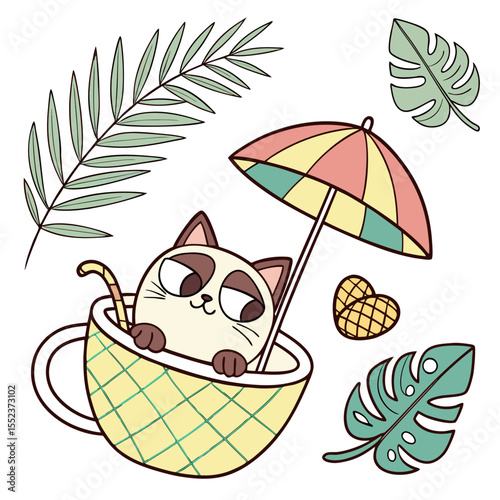 Whimsical Grumpy Cat feeling Curious in a Tropical setting with sitting in a teacup ride – colored in Tropical Vibes